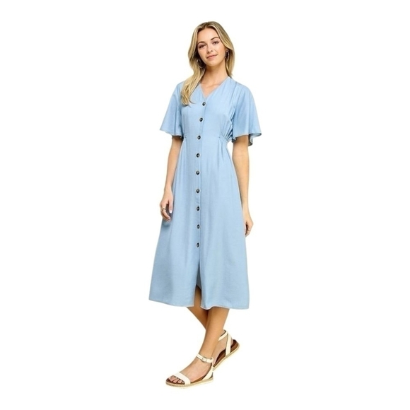 Women Dress ZARA Denim Blue Button Down Comfortable Fit Chambray Midi Robe Dress - Picture 3 of 10
